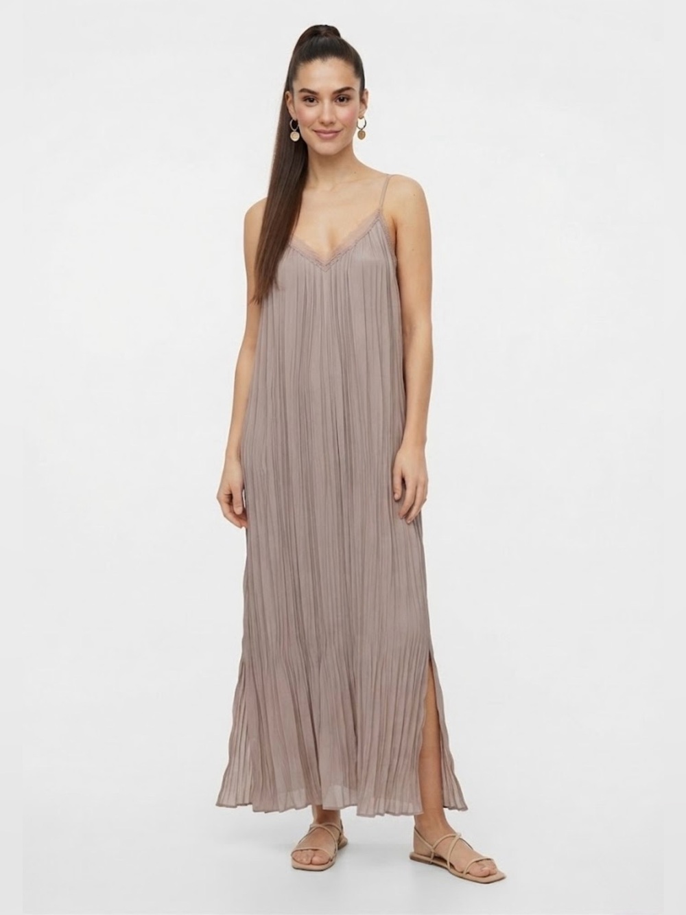 H&M Taupe Pleated Slip Maxi Dress with Lace Trim Sz S